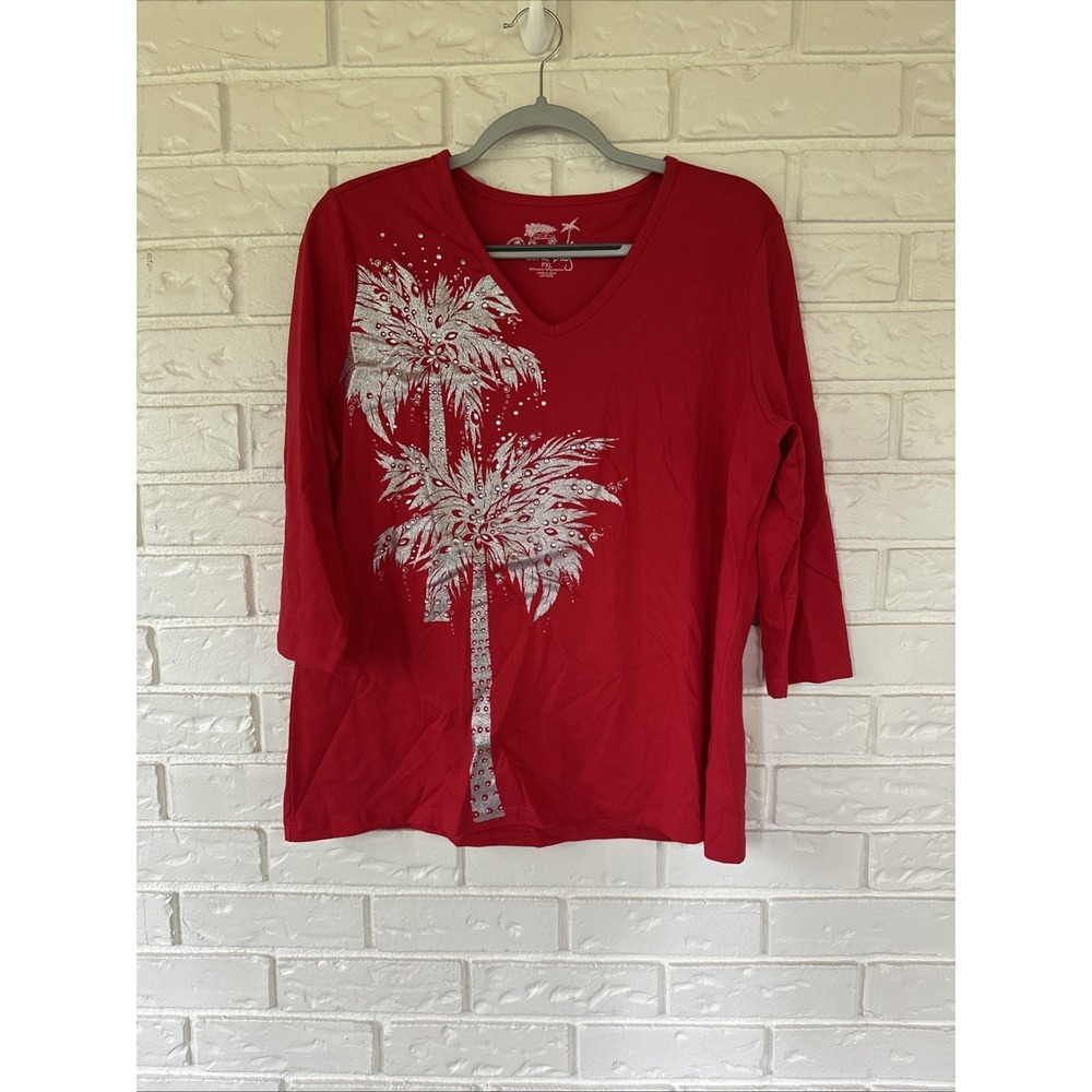 CORAL BAY‎ PXL Long Sleeve Bedazzled Palm Tree Embellished Red